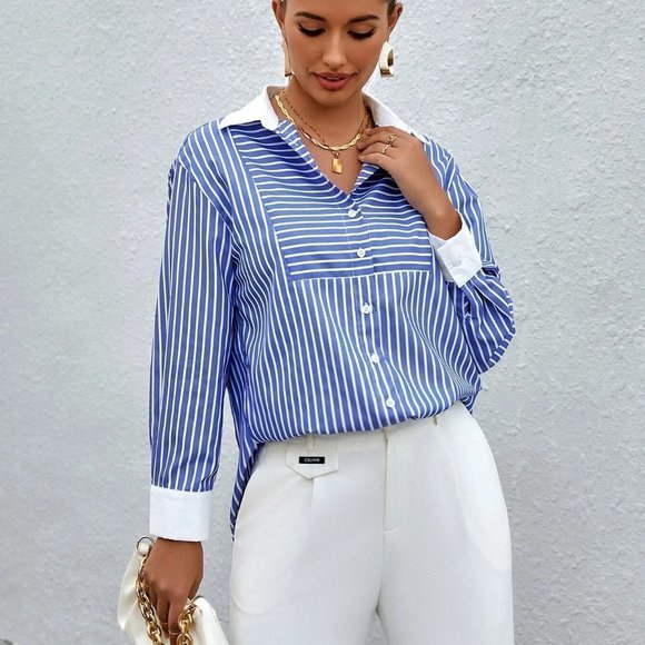 Blue and White Boho Womens Striped Print Button Front Shirt - Picture 5 of 5